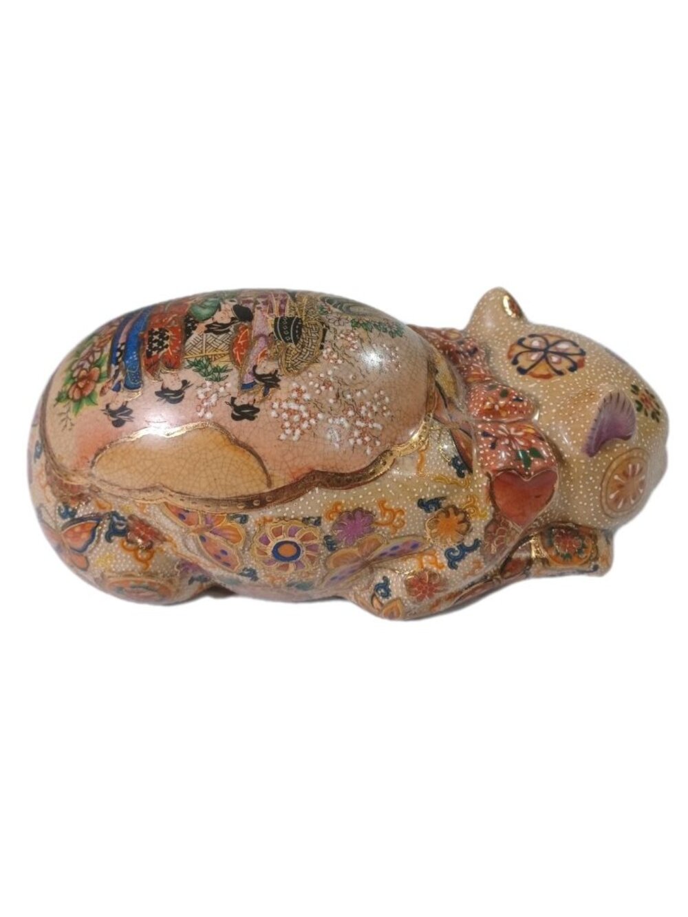 Vintage Japanese Satsuma Sleeping Cat Cloisonne Moriage Gold Accents Geishas But - Picture 12 of 12